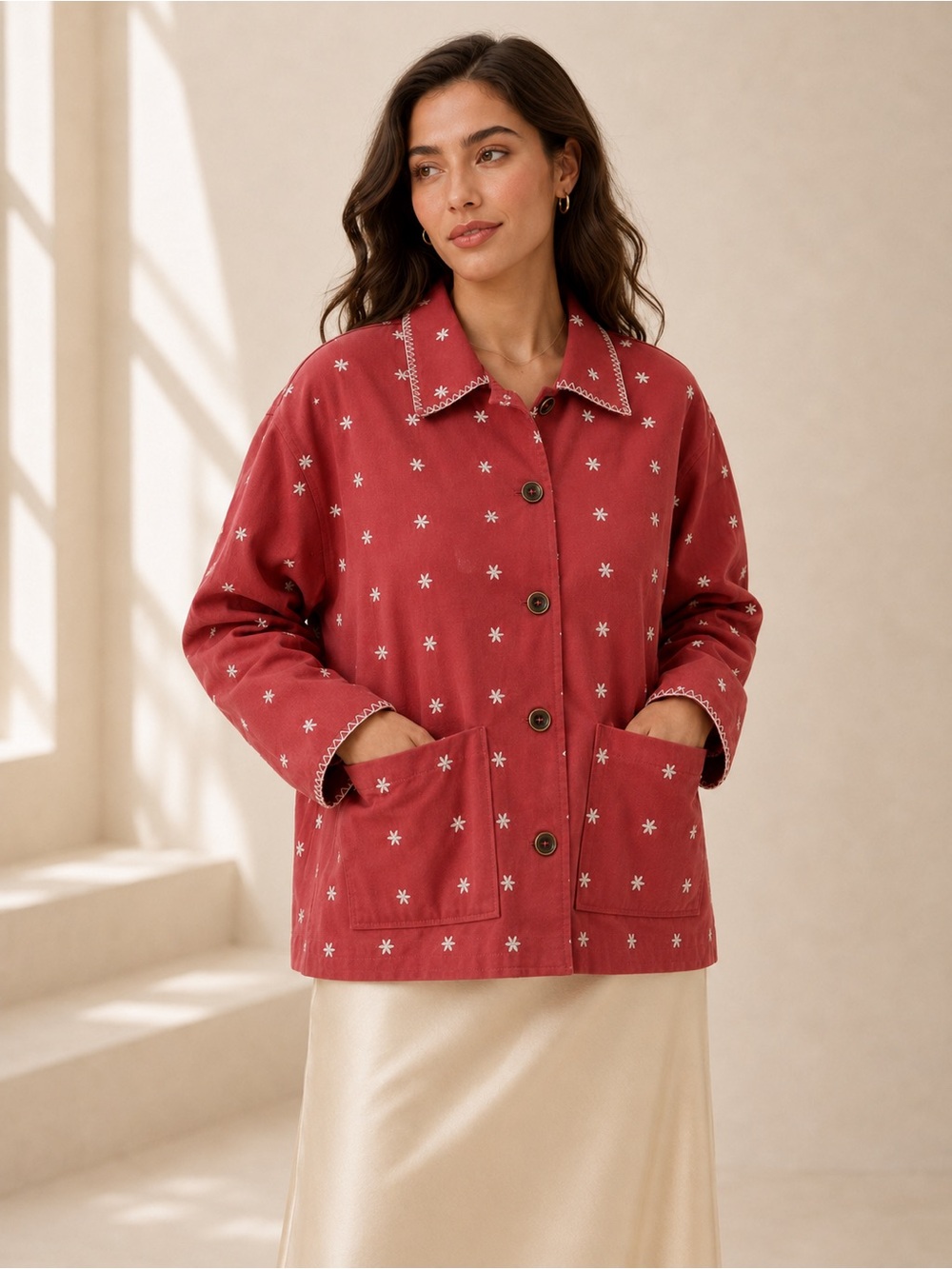 Idem Ditto Daisy Embroidered Cotton Twill Utility Jacket – Muted Red Floral NWT